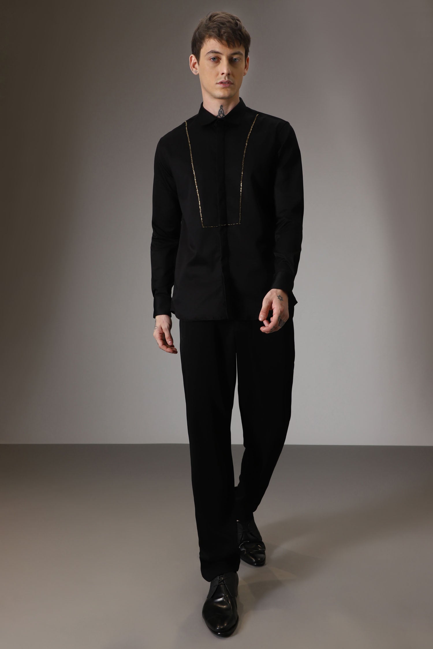 Pintuck hand embroidered designer shirt -Black