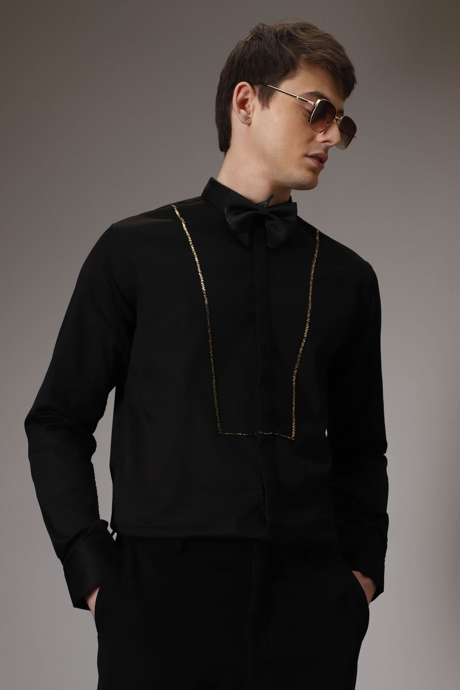 Pintuck hand embroidered designer shirt -Black