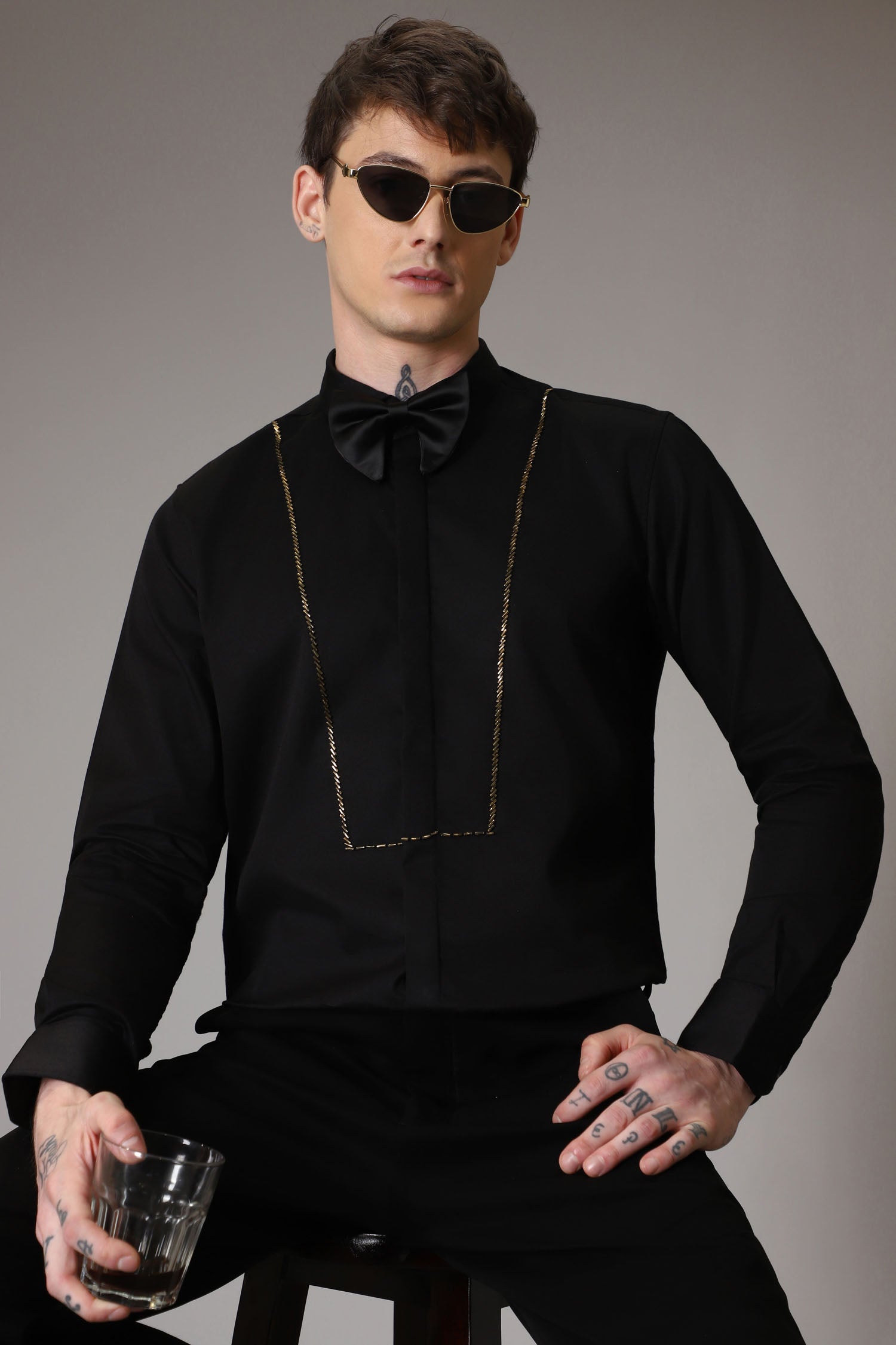 Pintuck hand embroidered designer shirt -Black
