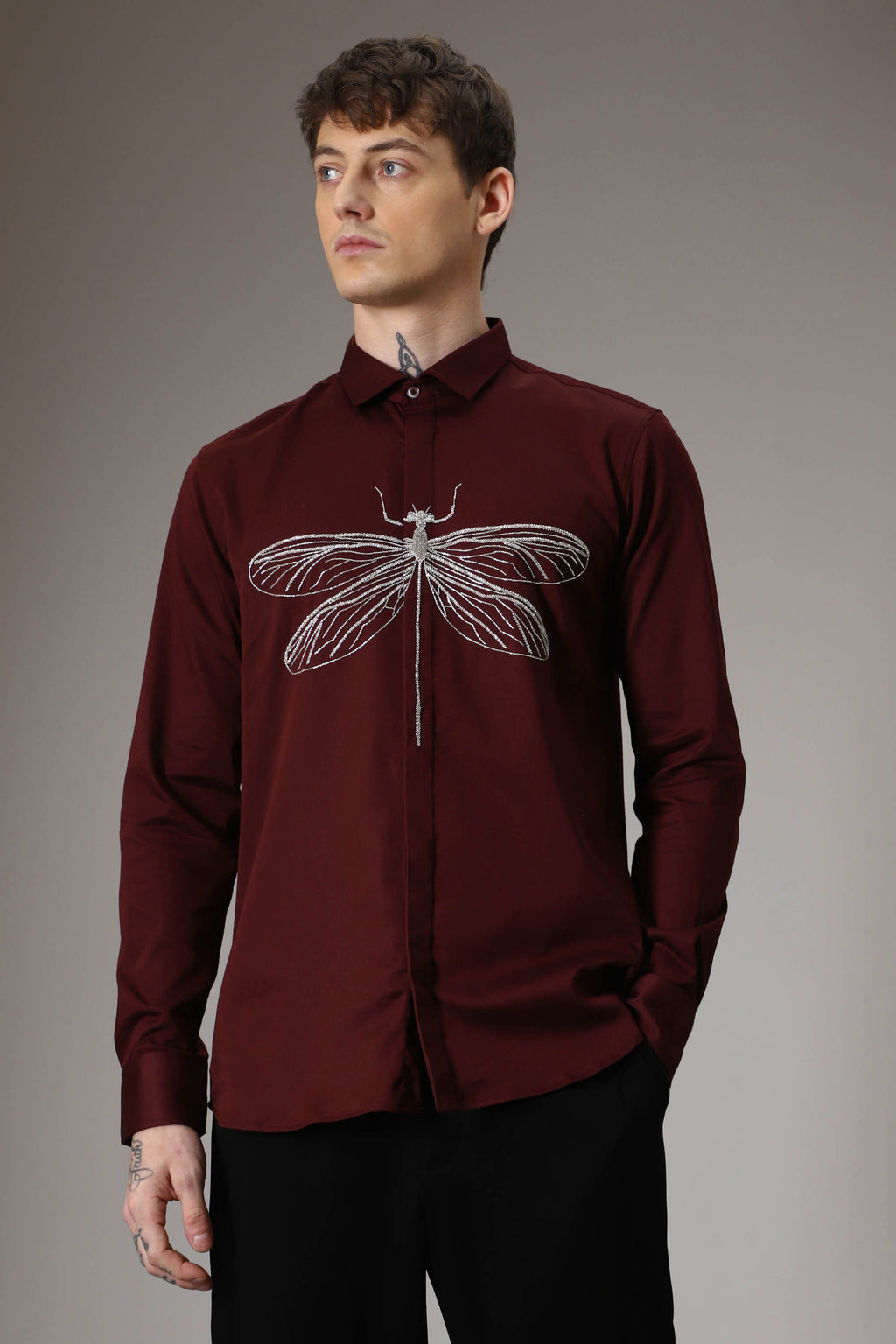 The dragonfly hand embroidered designer shirt - Wine
