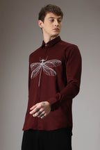 The dragonfly hand embroidered designer shirt - Wine
