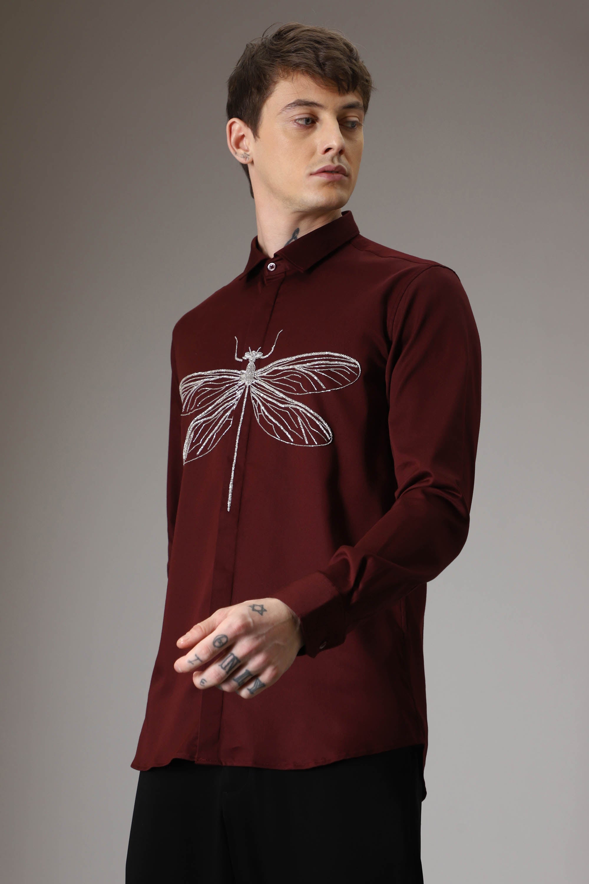 The dragonfly hand embroidered designer shirt - Wine