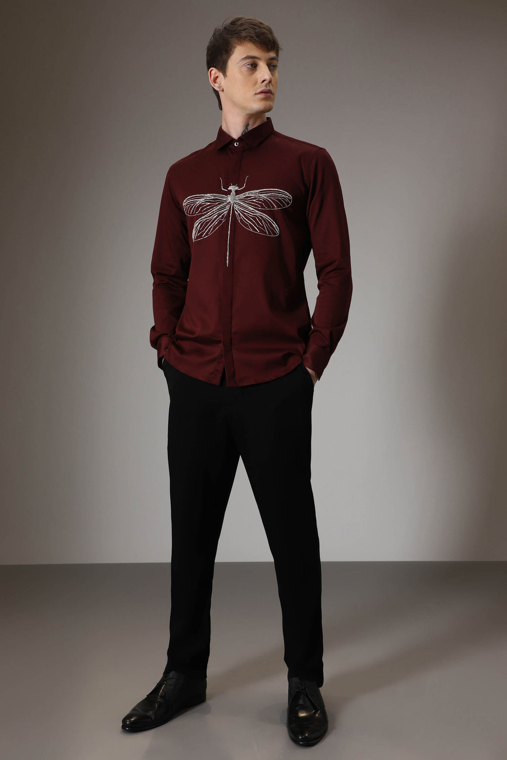 The dragonfly hand embroidered designer shirt - Wine