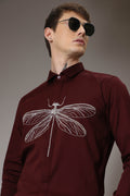 The dragonfly hand embroidered designer shirt - Wine