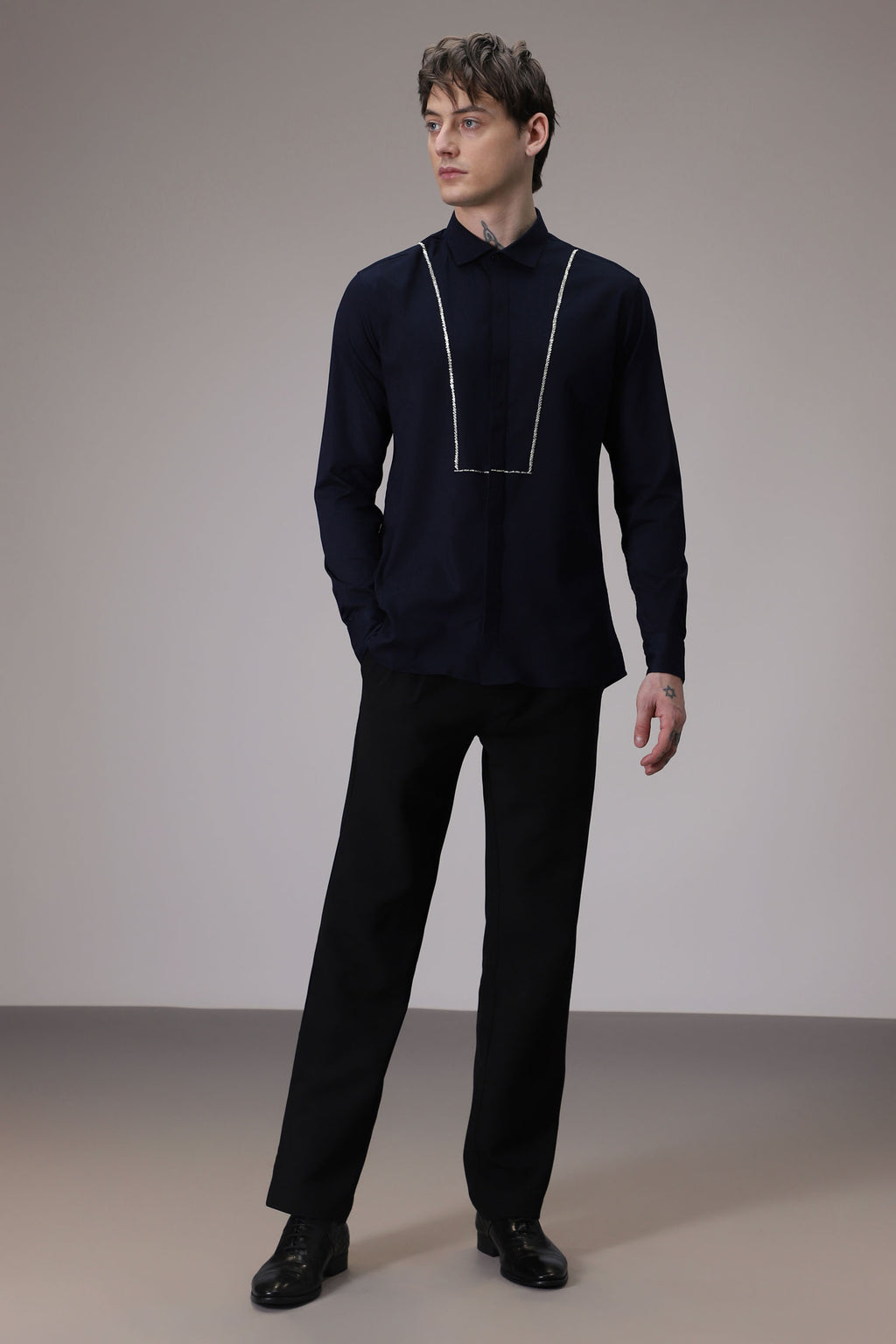 Pintuck hand embroidered designer shirt -Navy
