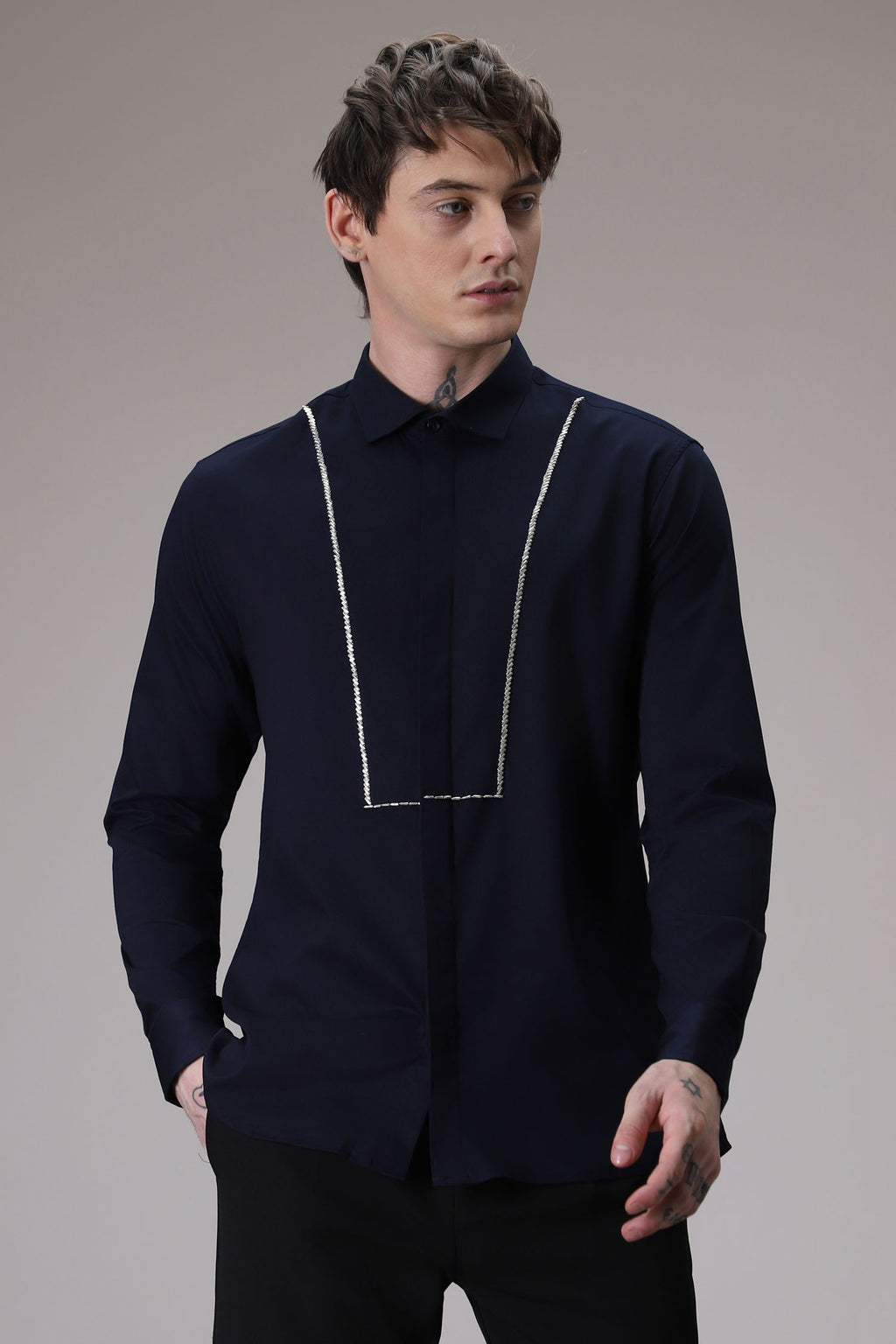 Pintuck hand embroidered designer shirt -Navy