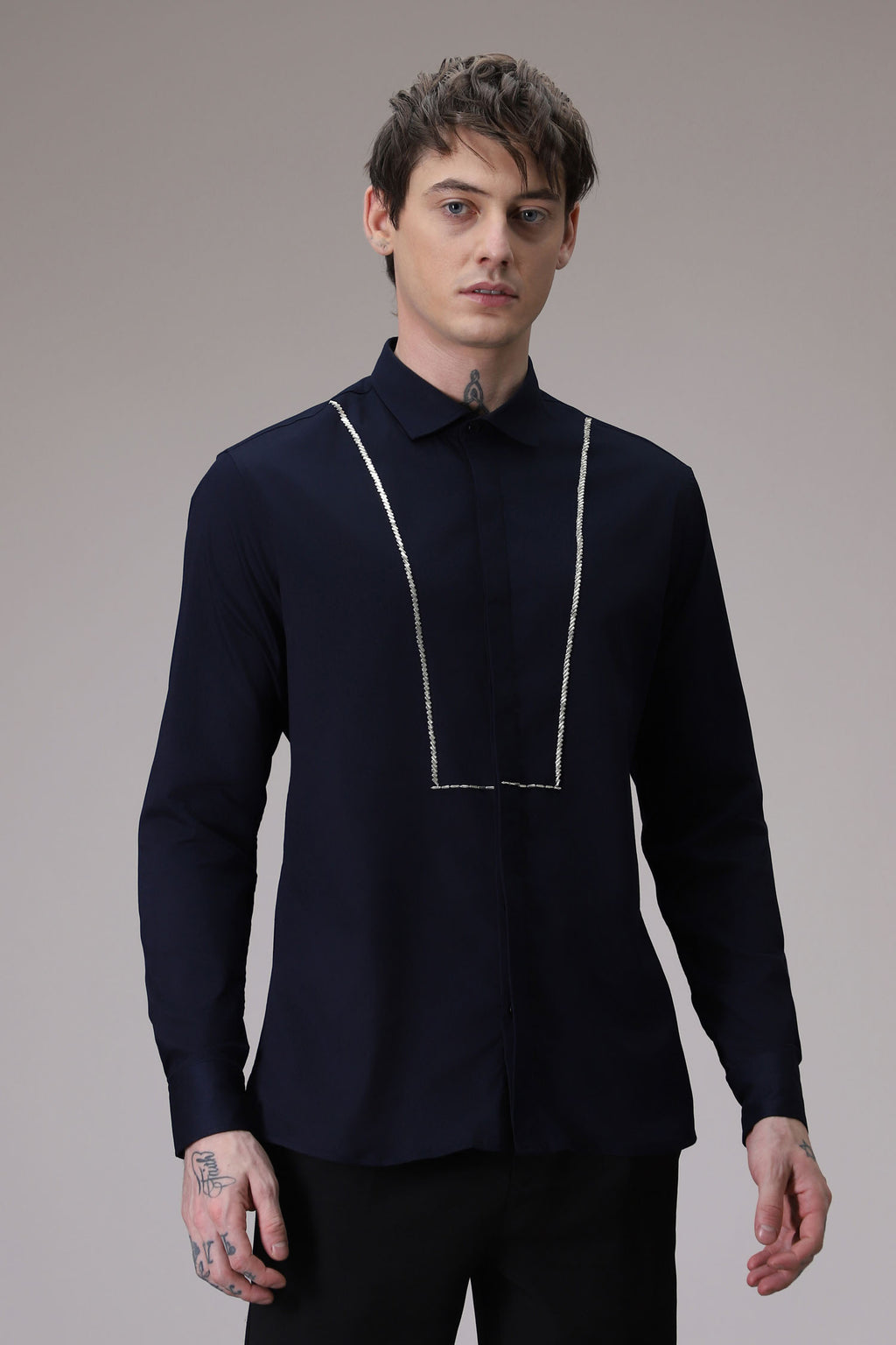 Pintuck hand embroidered designer shirt -Navy