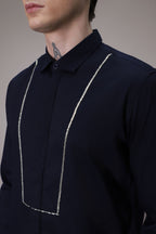 Pintuck hand embroidered designer shirt -Navy