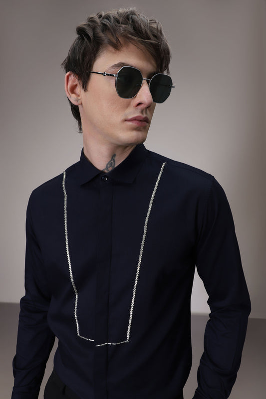 Pintuck hand embroidered designer shirt -Navy