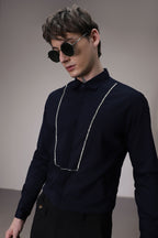 Pintuck hand embroidered designer shirt -Navy