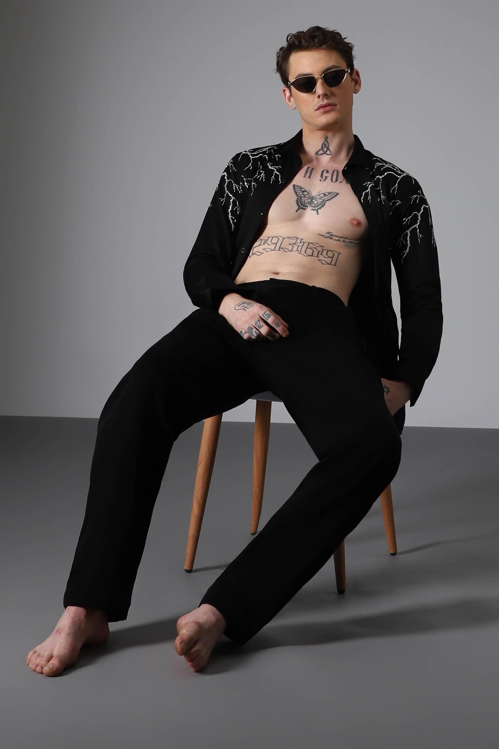 Lightening hand embroidered designer shirt - Black