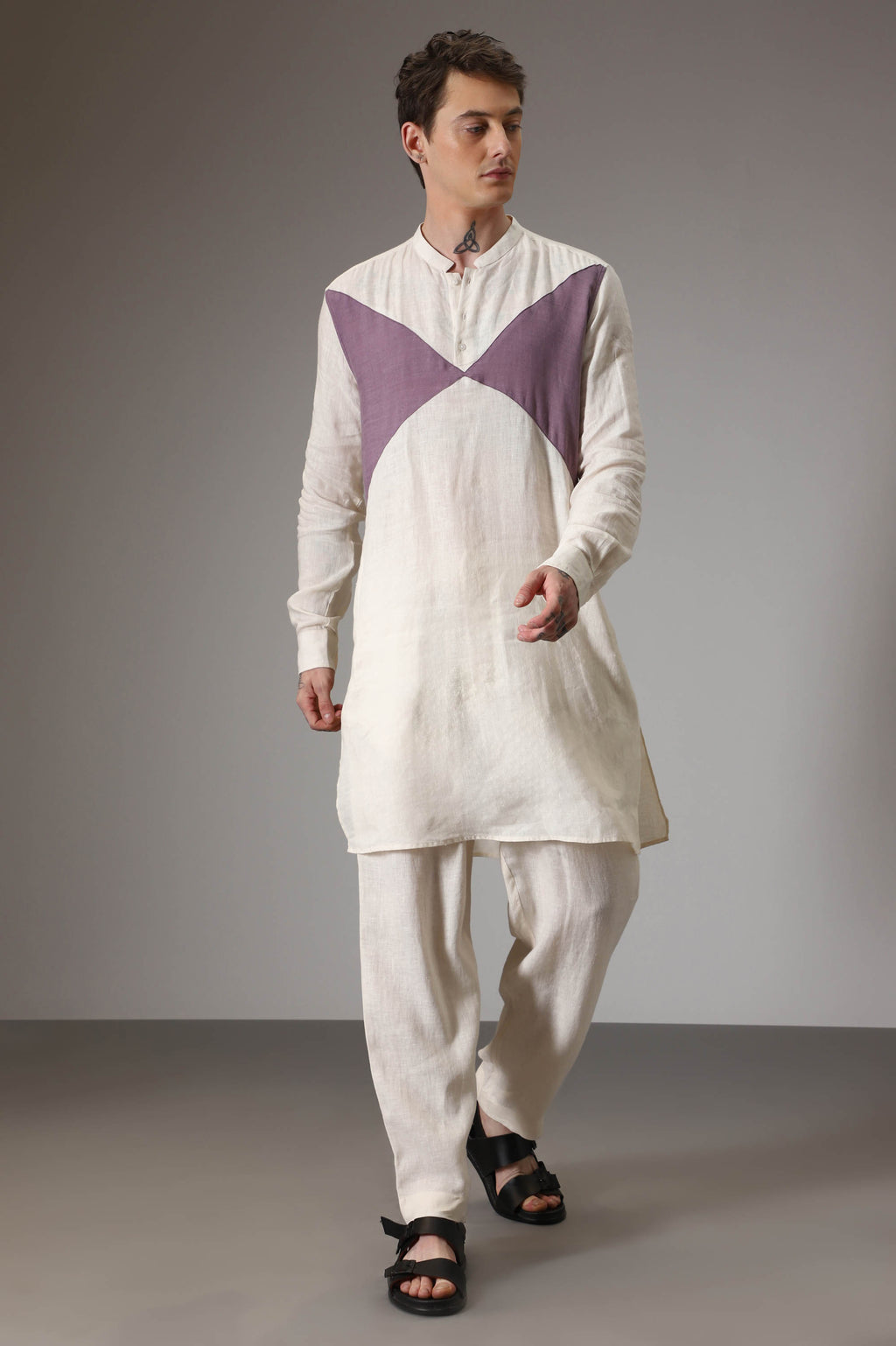Lilac and ivory linen designer kurta
