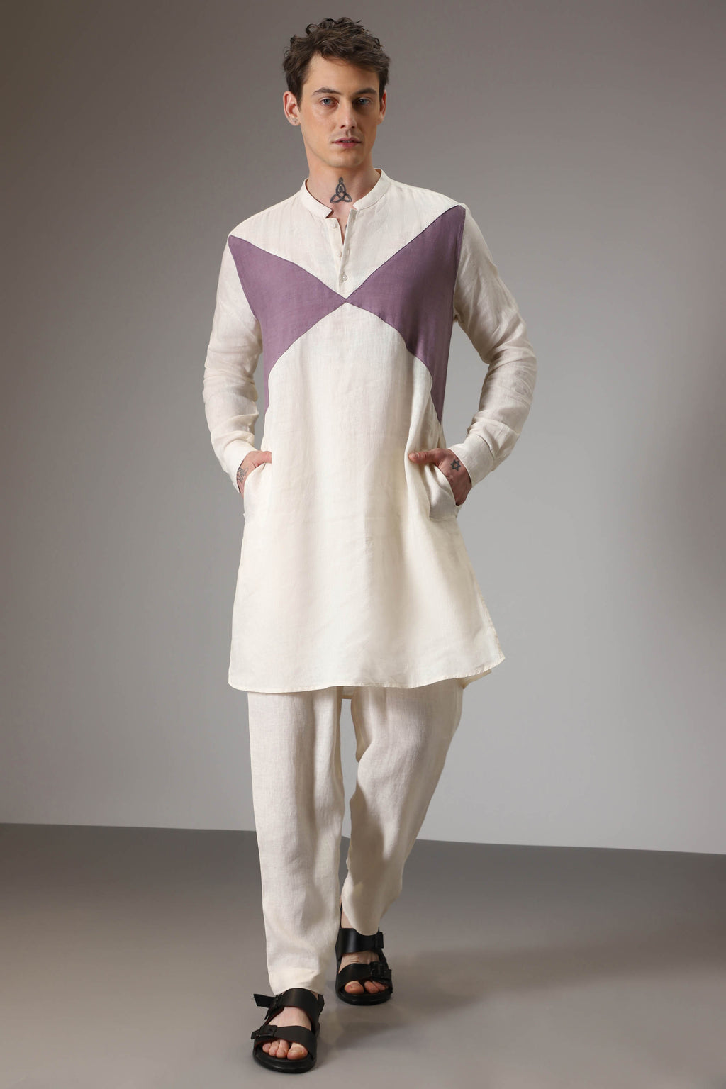 Lilac and ivory linen designer kurta