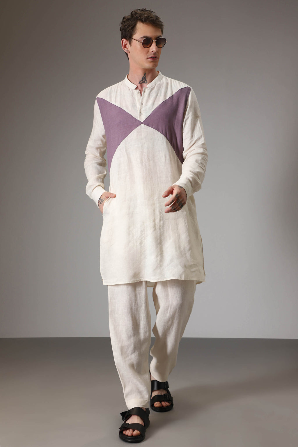 Lilac and ivory linen designer kurta