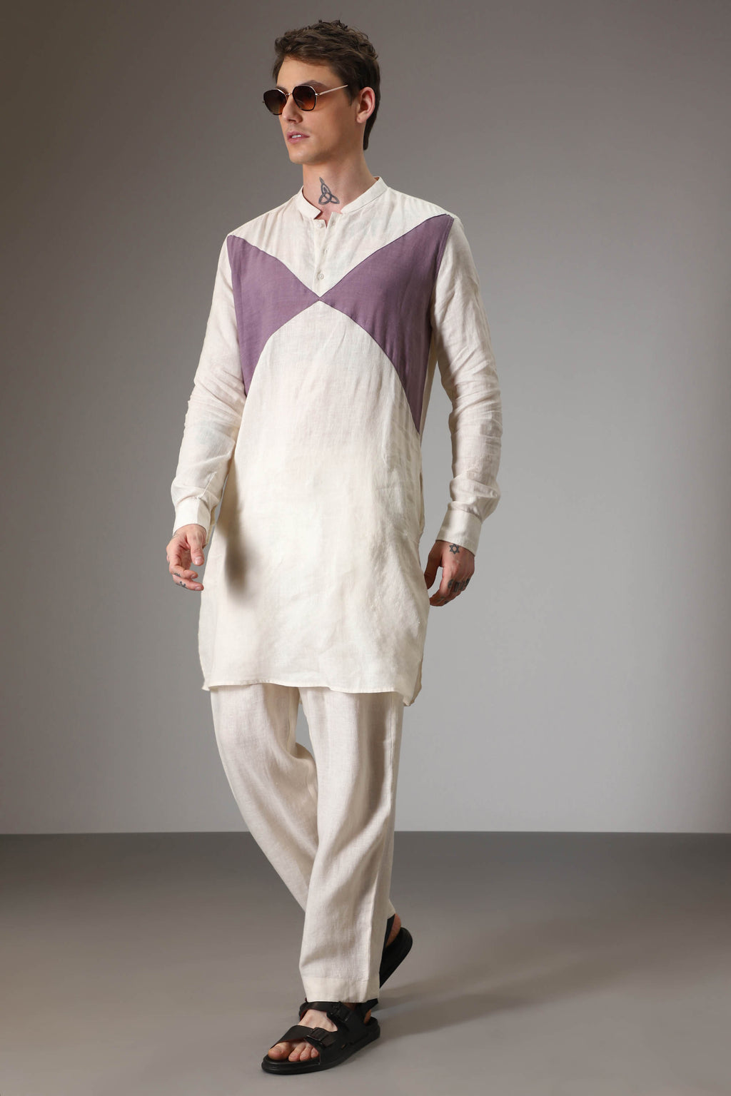 Lilac and ivory linen designer kurta