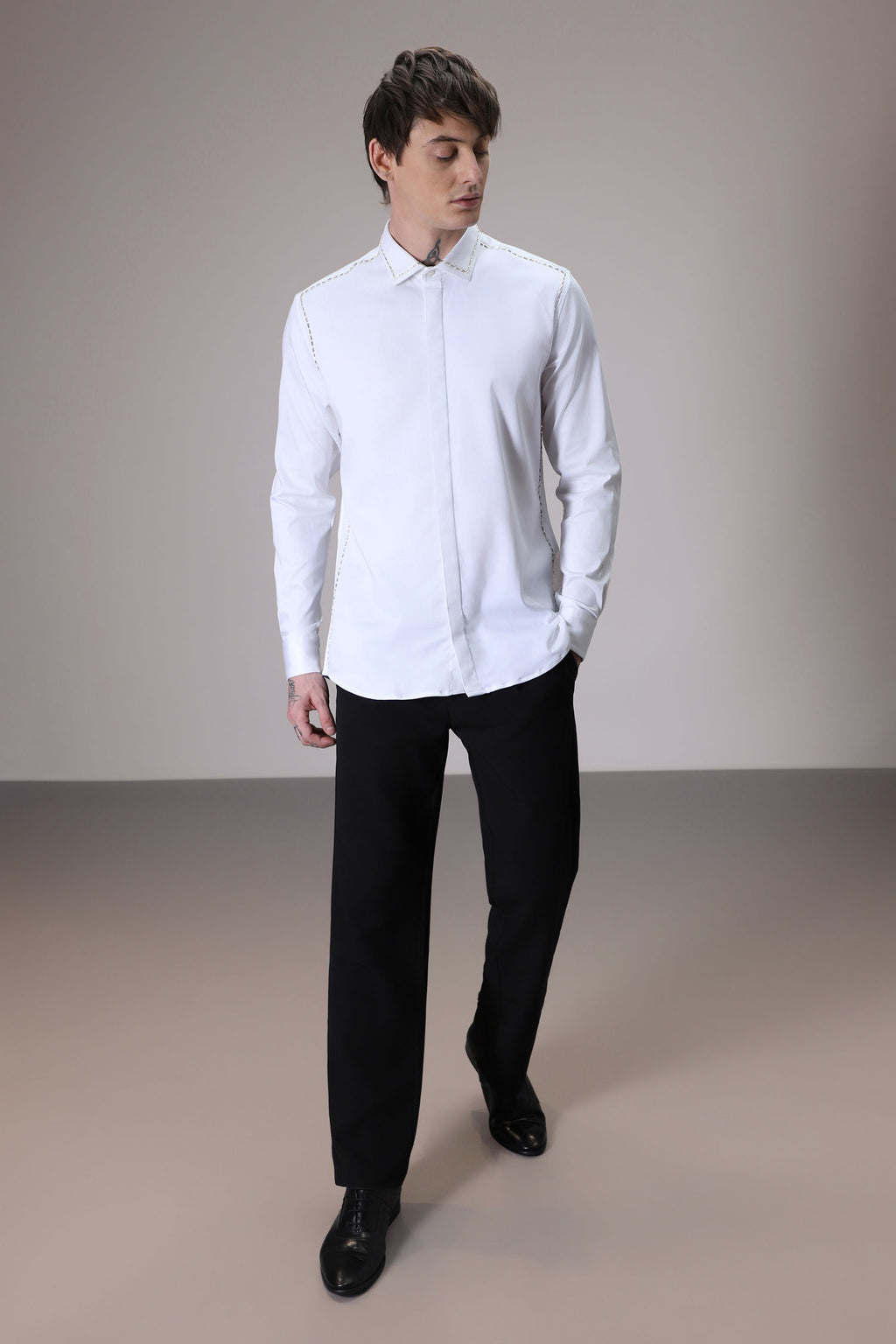 Shoulder Line hand embroidered designer shirt -White
