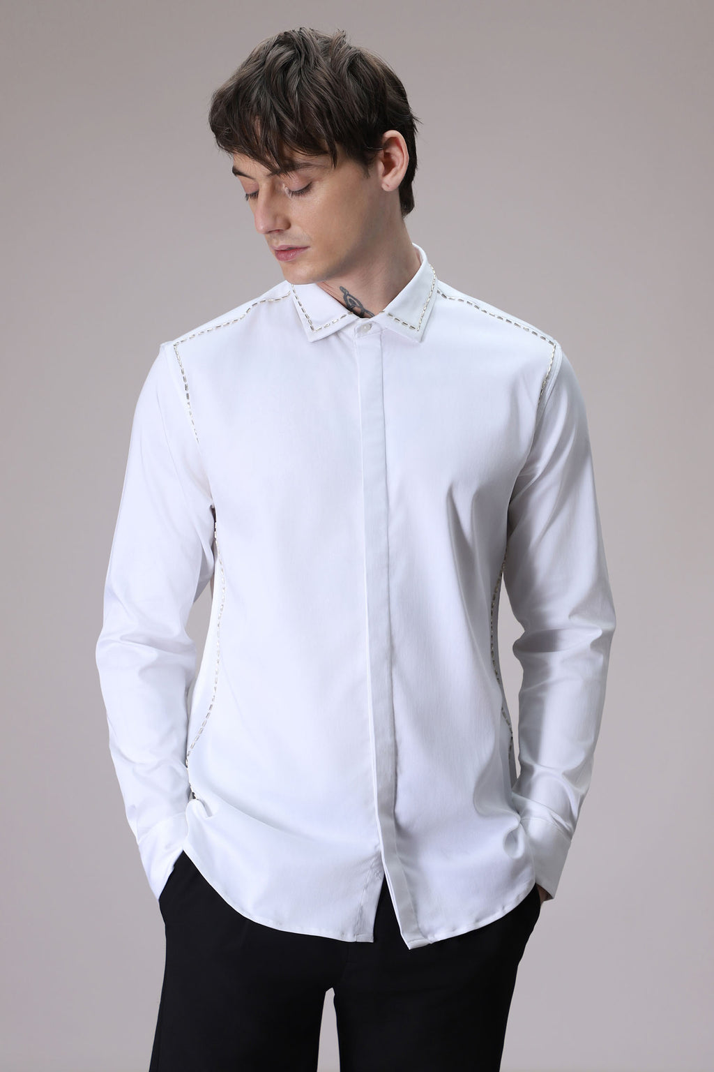 Shoulder Line hand embroidered designer shirt -White