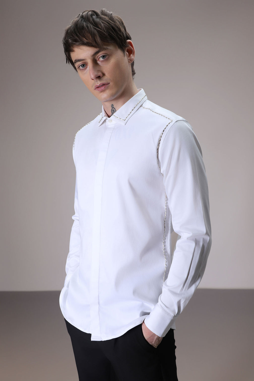 Shoulder Line hand embroidered designer shirt -White
