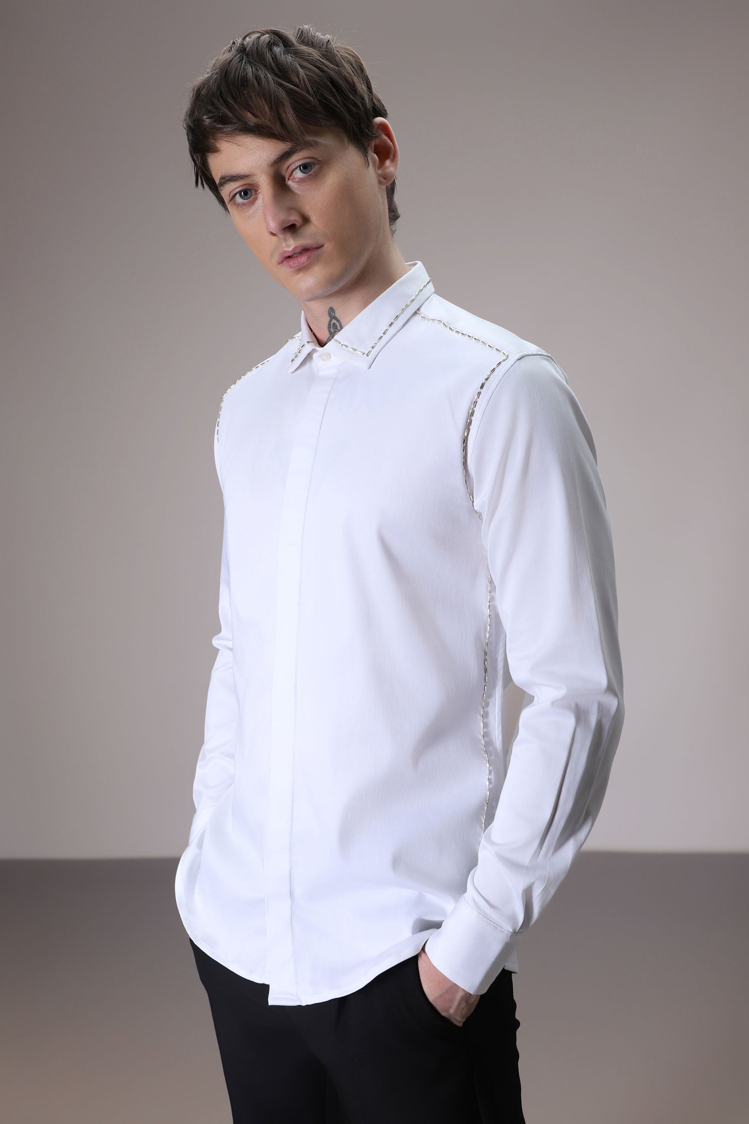 Shoulder Line hand embroidered designer shirt -White