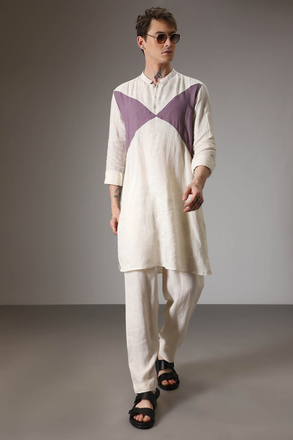 Lilac and ivory linen designer kurta