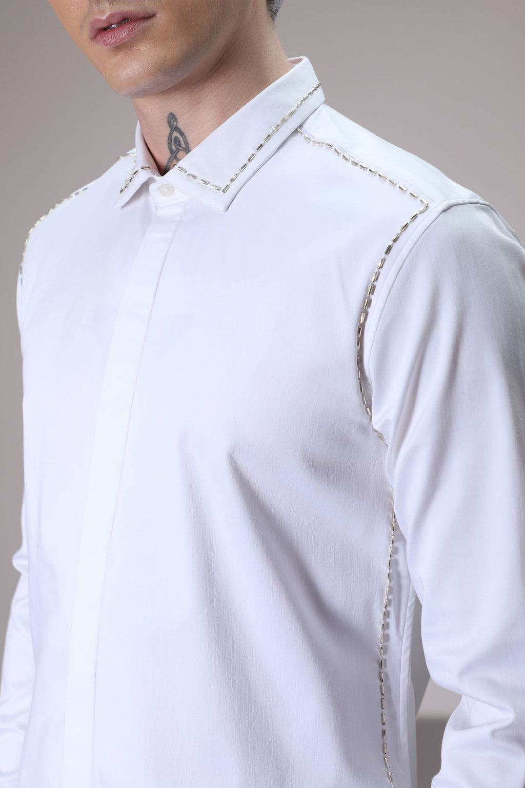Shoulder Line hand embroidered designer shirt -White