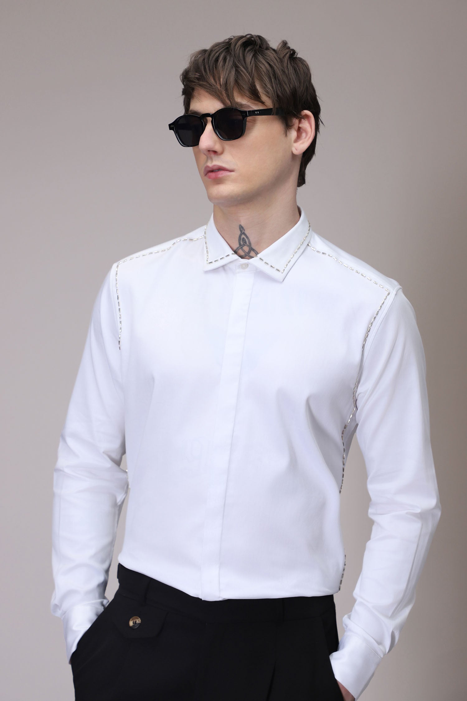 Shoulder Line hand embroidered designer shirt -White