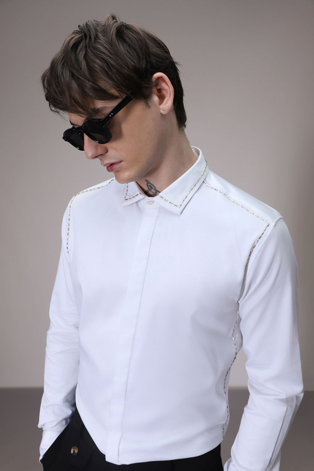 Shoulder Line hand embroidered designer shirt -White