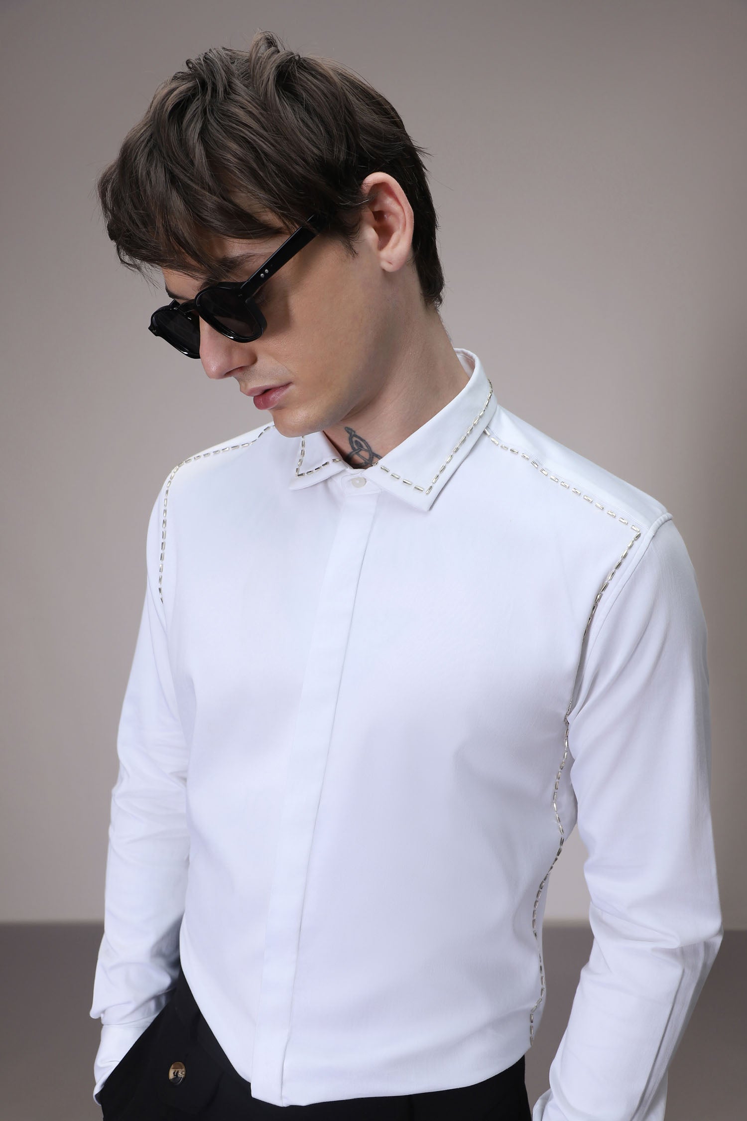 Shoulder Line hand embroidered designer shirt -White
