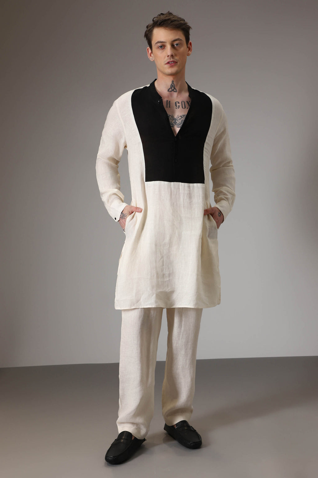 Ivory with black linen designer kurta