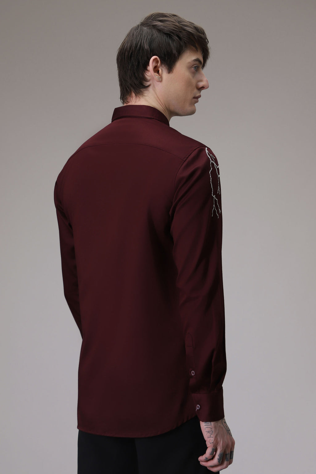 Lightening hand embroidered designer shirt - wine