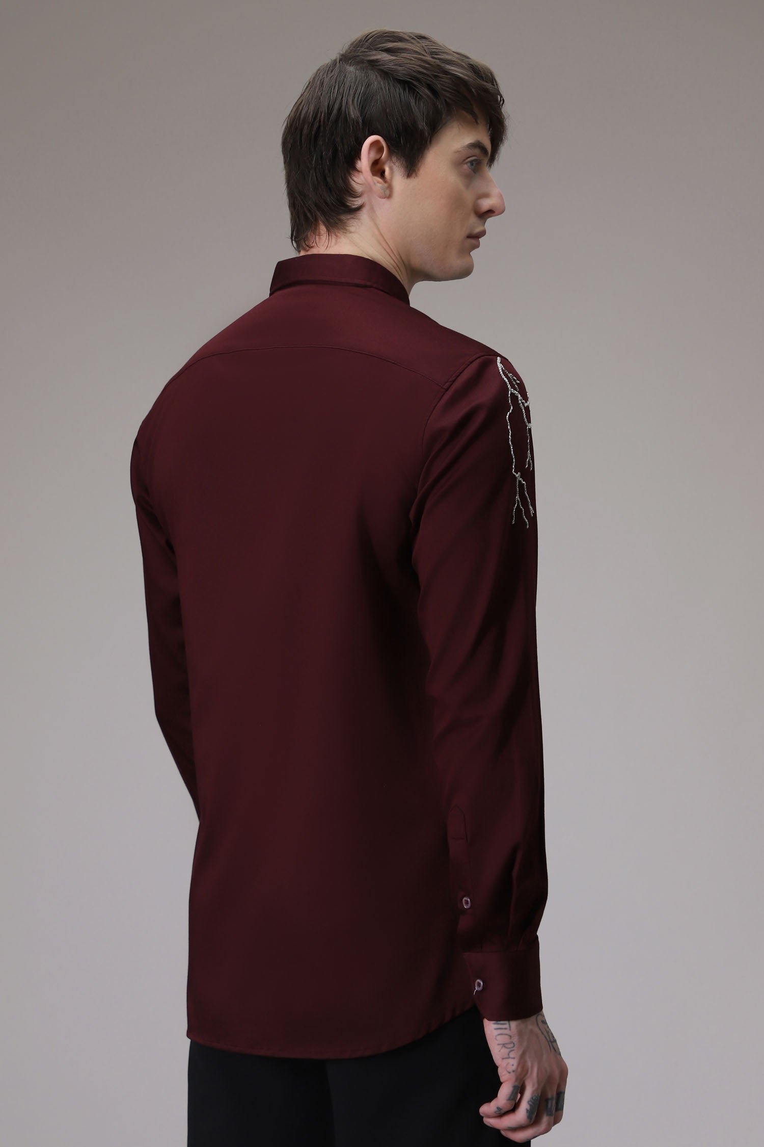 Lightening hand embroidered designer shirt - wine
