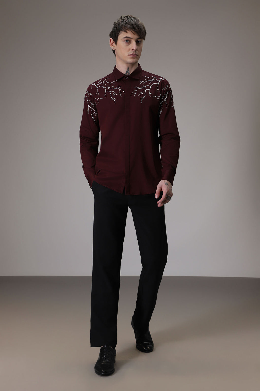 Lightening hand embroidered designer shirt - wine