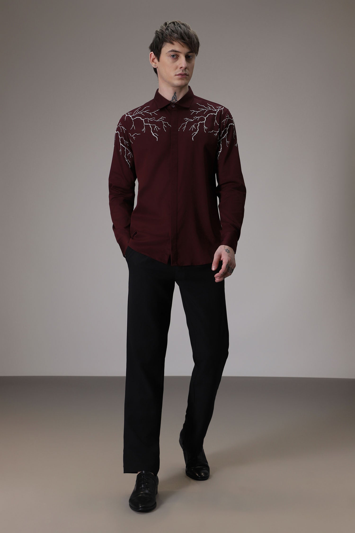 Lightening hand embroidered designer shirt - wine