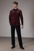 Lightening hand embroidered designer shirt - wine