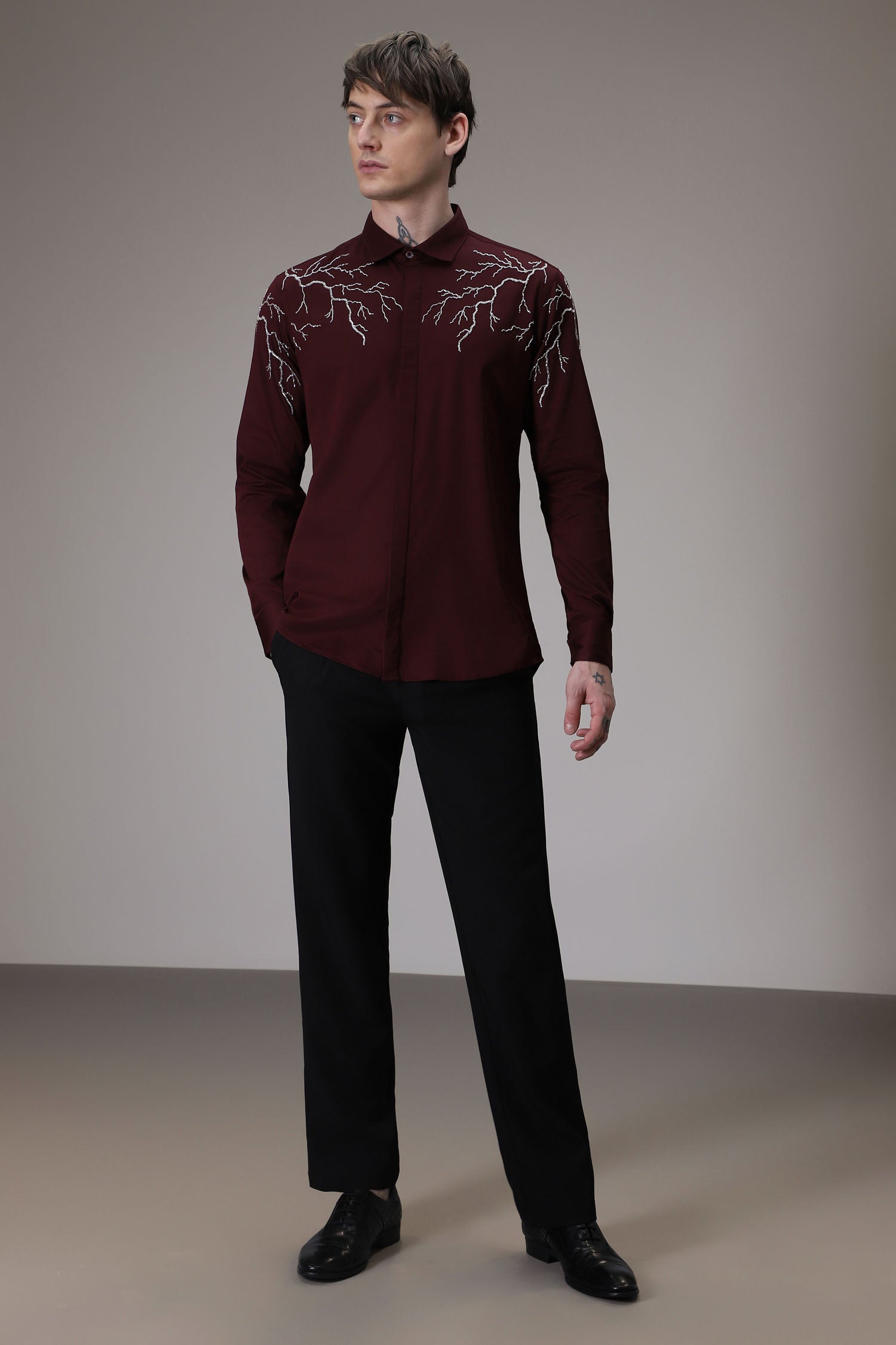 Lightening hand embroidered designer shirt - wine