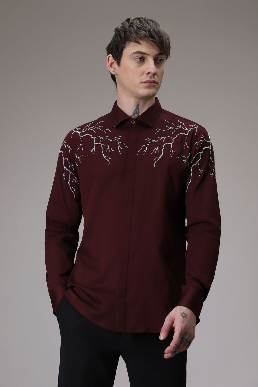 Lightening hand embroidered designer shirt - wine