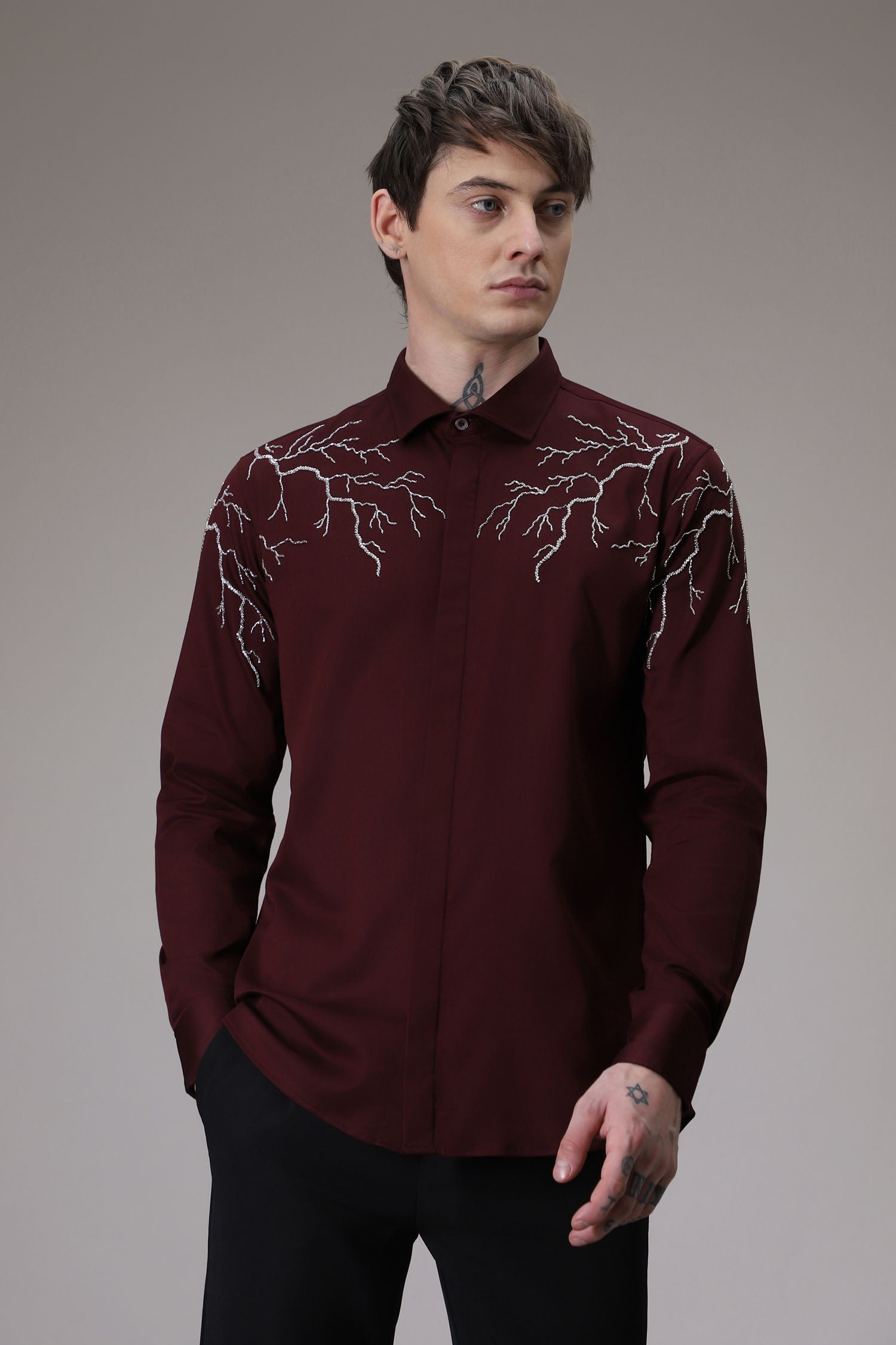 Lightening hand embroidered designer shirt - wine