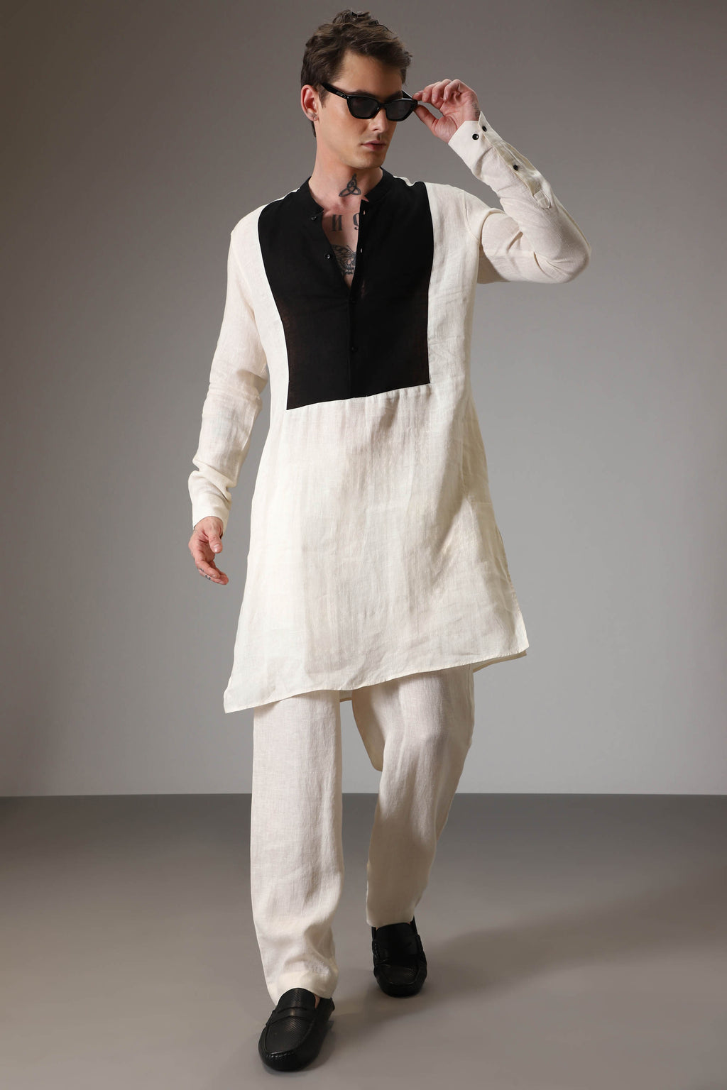 Ivory with black linen designer kurta