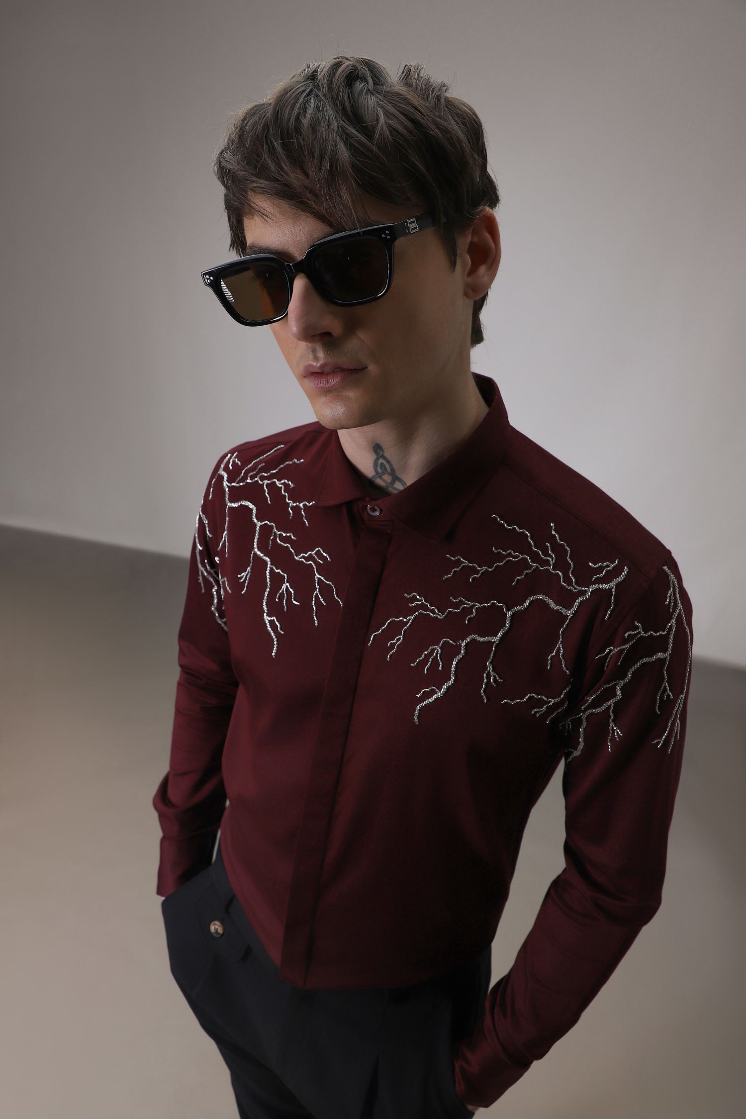 Lightening hand embroidered designer shirt - wine