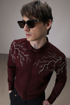 Lightening hand embroidered designer shirt - wine
