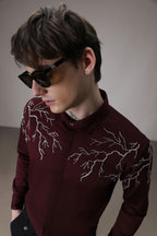 Lightening hand embroidered designer shirt - wine