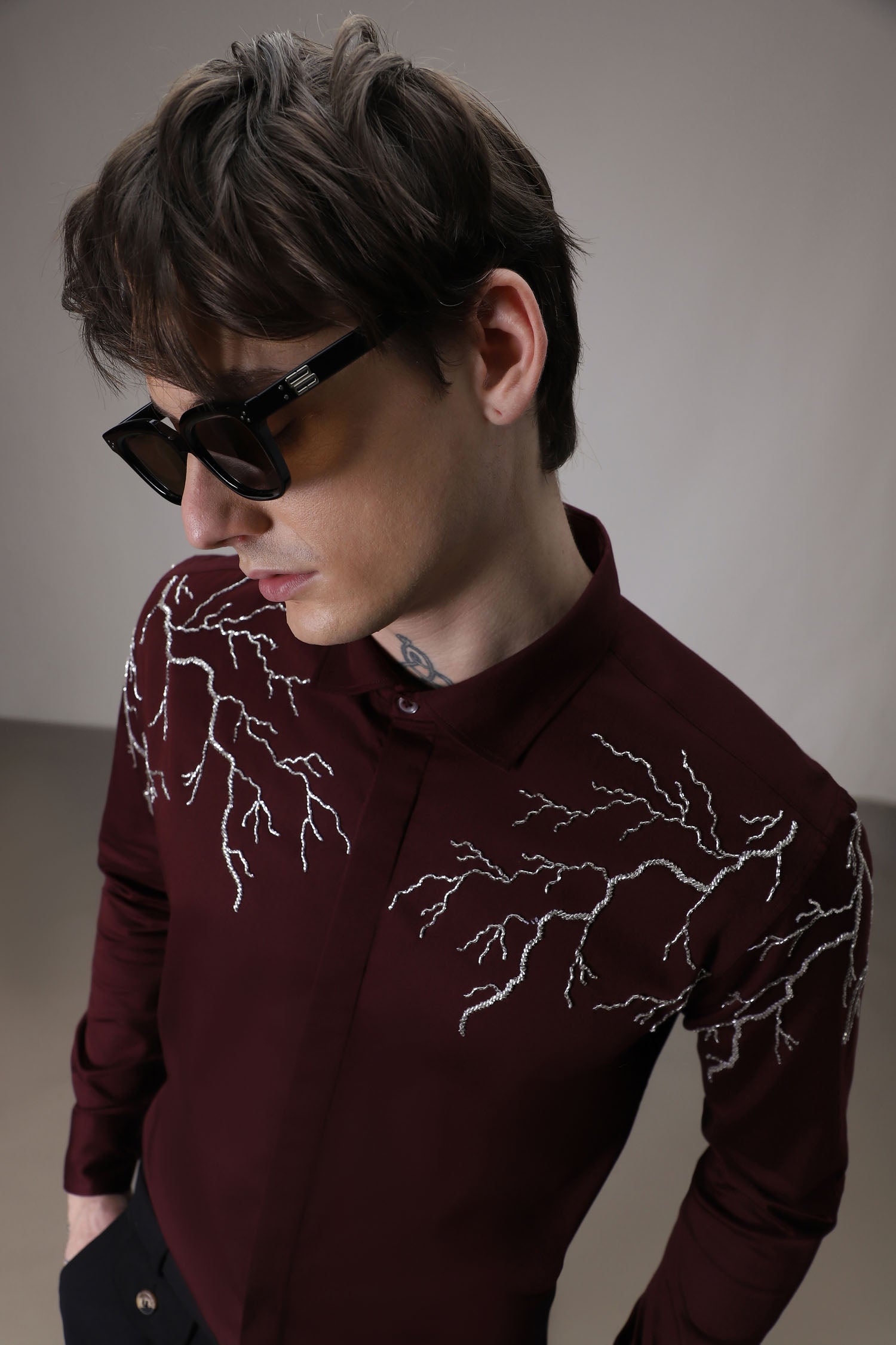 Lightening hand embroidered designer shirt - wine