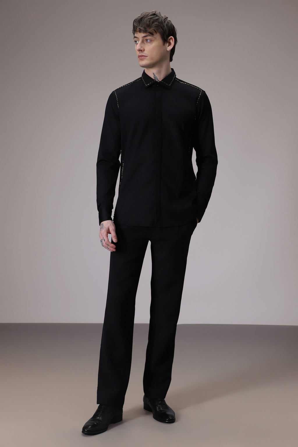 Shoulder Line hand embroidered designer shirt - Black