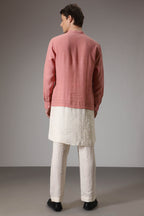 Salmon pink and ivory designer linen kurta