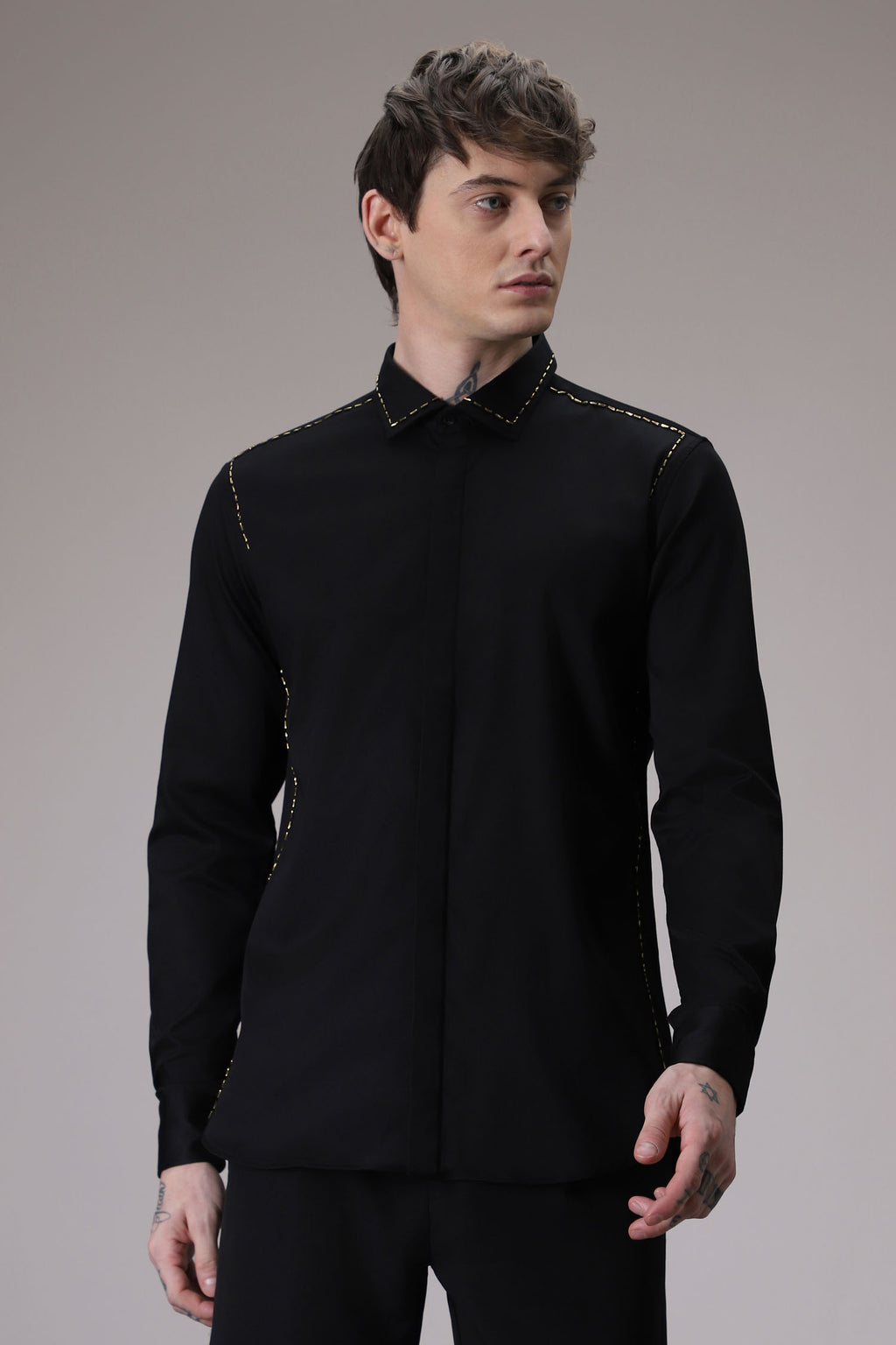Shoulder Line hand embroidered designer shirt - Black