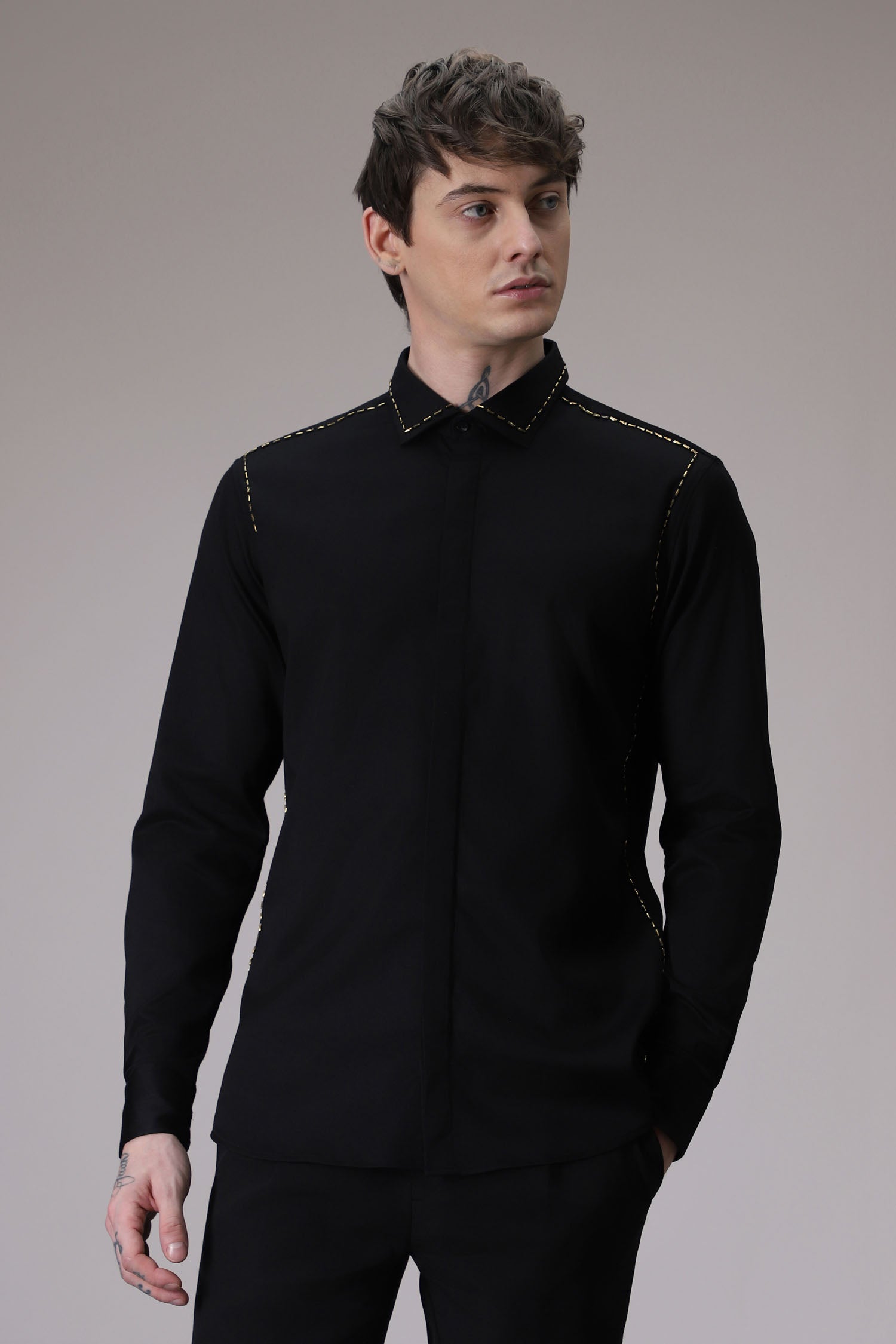 Shoulder Line hand embroidered designer shirt - Black