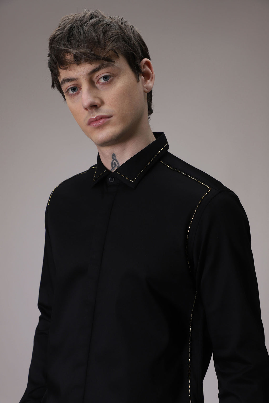 Shoulder Line hand embroidered designer shirt - Black