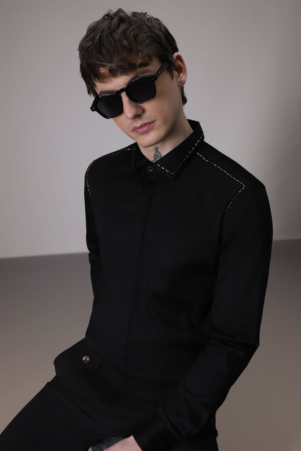 Shoulder Line hand embroidered designer shirt - Black