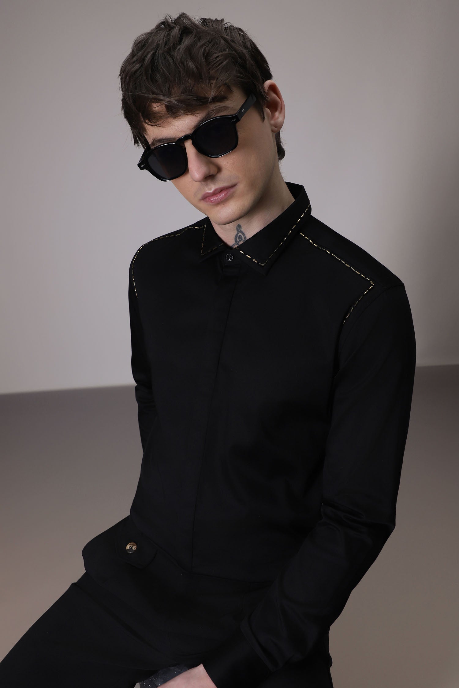 Shoulder Line hand embroidered designer shirt - Black