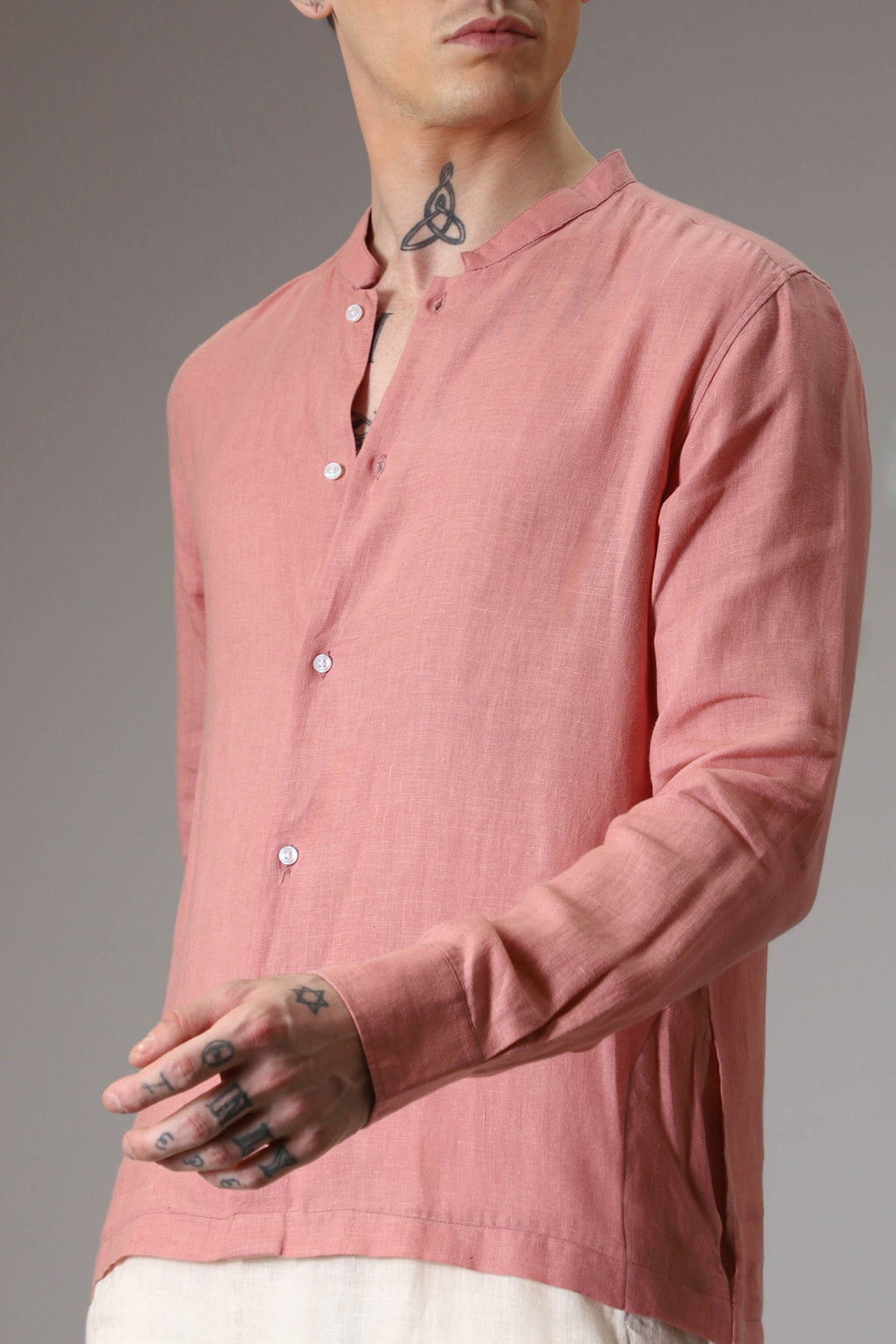 Salmon pink and ivory designer linen kurta